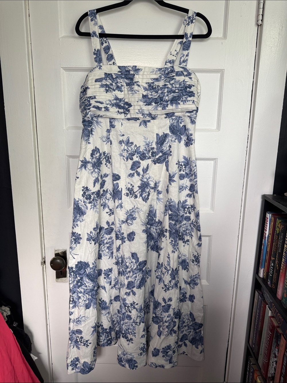 Abercrombie & Fitch Emerson Linen-Blend Wide Strap Midi Dress Blue&White Toile L - Picture 2 of 16